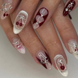 Press on Nails Medium Almond Fake Nails French Tip with Bow Cherry and Rhinestones Charm Designs Stick on Nails for Women 24 Pcs (Red-26, M-26)