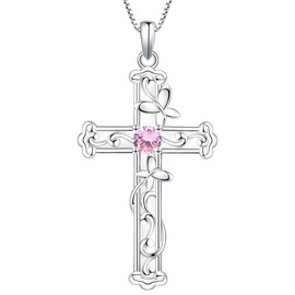 YL Butterfly Cross Necklace Sterling Silver Leaves Pendant Created Pink Tourmaline Crucifix Jewelry