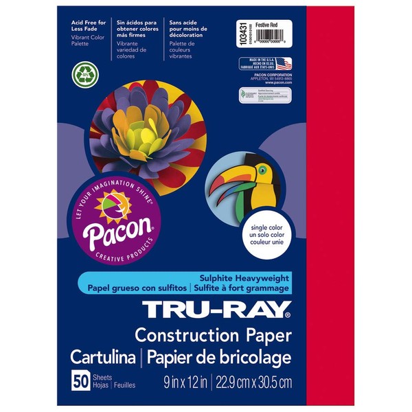 Pacon Tru-Ray® Heavyweight Construction Paper, Festive Red, 9" x 12", 50 Sheets - 103431