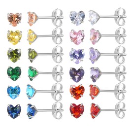 12 Pairs Surgical Stainless Steel Stud Earrings, 18K Gold Plated Silver Star Heart Teardrop Square Cubic Zirconia Birthstone Stud Earrings Set, Stainless Steel, Cubic Zirconia