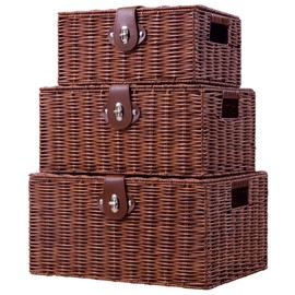 Homepeaz Set of 3 Woven Wicker Storage Basket Box with Lid & Lock, Built-in Carry Handles, Multifunctional Storage Organiser for Nursery, Baby, Clothes, Toys, Books, Large/Medium/Small Size (Natural)