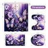 4 Pcs Purple Floral Butterfly Shower Curtain Set with Non-Slip