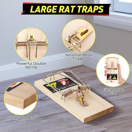 Qualirey 4 Pack Large Rat Traps, Reusable Wooden Mouse Traps with Heavy Duty Double Spring, Sturdy Wood Base, Fast Kill Trampa para Ratas Trap for Rats, Mice & Rodents, Indoor & Outdoor Use