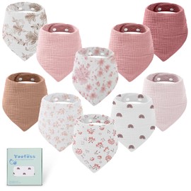 Yoofoss Muslin Baby Bibs 10 Pack 100% Organic Cotton 6-Layer Soft Absorbent Drool Bandana Baby Bibs for Drooling and Teething for Boys and Girls, Pink Flower