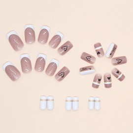 Glitter White French Tip Press on Nails Medium, Black Heart Nails Glossy Square Shape Fake Nails Reusable False Nails with Glue on Nails Natural Stick on Nails for Women Manicure Valentine's Day 24Pcs