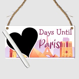 Days Until Paris Countdown Plaque | MDF Wooden Holiday Countdown Sign with Heart Chalkboard | Perfect for Paris Travel Enthusiasts and French-Themed Home Décor (Beige & Pink, With Pen)