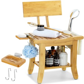 ETECHMART Bamboo Shower Bench with Back and Soap Dish, 2-Tier Shower Chair Bath Seat with Handle for Bathroom Bathtub Elderly Disabled, Waterproof Wood Spa Stool for Inside Shower Legs Shaving, Bamboo