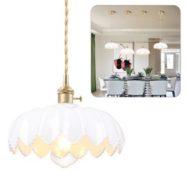 OURIFU Mid Century Modern Pendant Light Nordic White Chandelier with Hand Blown Flower Glass Shade Brass Adjustable Height Dining Table Pendant Lamp with Switch for Kitchen Island Dining Room Hotel