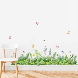 decalmile Green Grass Fern Baseboard Wall Stickers Meadow Flowers Butterflies Skirting Line Corner Wall Decals Bedroom Living Room Wall Decor (Width:141CM)