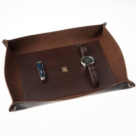 USA Handmade Premium Leather Valet Tray, Folds Flat! Dice Rolling Basket and Organizer With Brass Rivets (Dark Walnut Brown, XL)