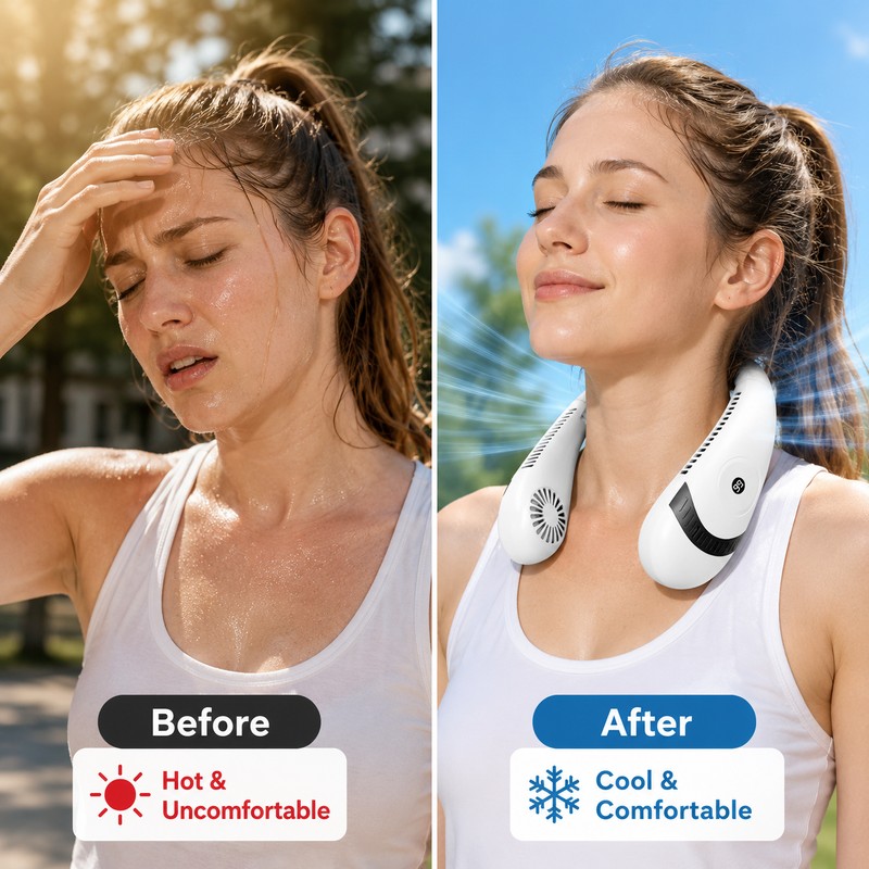 Portable Bladeless Neck Fan for Hands-Free Cooling – Foldable 3-Speed