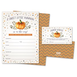 Koko Paper Co Sweet Little Pumpkin Baby Shower Invitations & Diaper Raffle Tickets – Fall Baby Shower Set – 25 Invites, Envelopes & Raffle Cards – Made in the USA