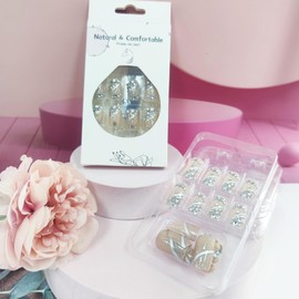 24Pcs White Curve Line Press on Nails Medium Square Acrylic Full Cover False Nails Rhinestones Stick on Nails Glossy Silver Glitter Fake Nails Crystal Gel Glue on Nails for Coquette Women Girls