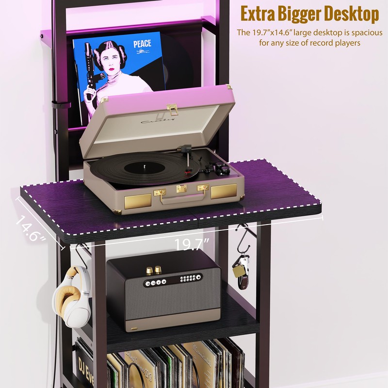 YAKANJ Record Player Stand with Led Light,Record Player Table with