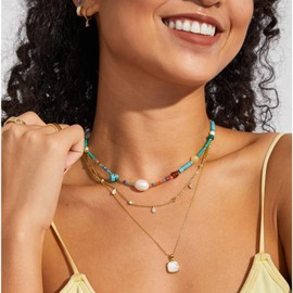 KissYan Beaded Choker Necklace for Women, Colorful Natural Gemstones Pearl Choker 14K Gold Plated Pendant Healing Crystal Necklace Stone Jewelry Gift for Teen Girls, Copper, No Gemstone