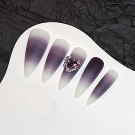 BABALAL Stiletto Press on Nails Long Fake Nails Purple Ombre Glue on Nails Luxury Heart Charm Design Acrylic Nails 24Pcs Goth Matte Almond Gel Stick on False Nails