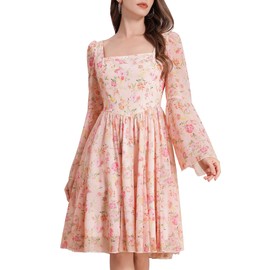 ODIZLI Fall Dresses for Wedding Guest Chiffon Floral Dress Long Bell Sleeve Square Neck Ruffle Bridesmaid Dress Casual A-Line Short Babydoll Corset Dress Above Knee Length Viral Dress Peach Pink M