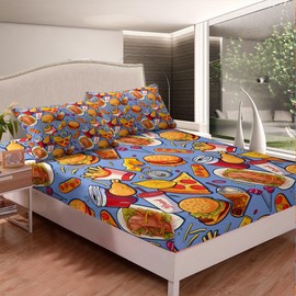 American Fast Food - Juego de ropa de cama con bolsillo profundo, tamaño matrimonial, para pizza, perro caliente, sábana bajera con estampado de hamburguesas, sábanas para niños, niñas, adolescentes, patatas fritas, estilo de dibujos animados, juego de r