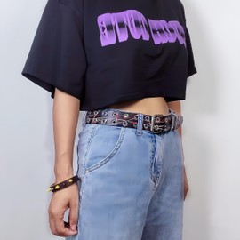 SCOPLATY Double Grommet Belt for Women Men Genuine Leather Belts Graffiti Prong Buckle Vintage Punk Rock Jeans Belts (xxxl)