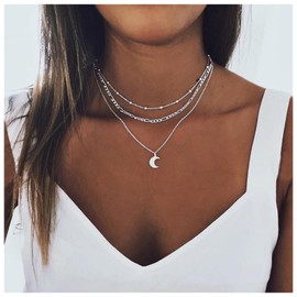 Cimenexe Bohemian Layered Moon Pendant Necklace Crescent Moon Choker Necklace Multilayer Figaro Link Chain Necklace Silver Satellite Chain Necklace Jewellery for Women and Girls Gifts