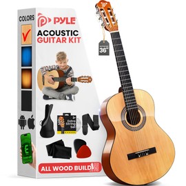 Pyle Pyle Beginner Acoustic Guitar Kit, 3/4 Junior Size All Wood Instrument for Kids, Adults, 36" Natural Wood Gloss