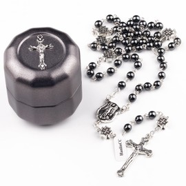 HanlinCC St.Michael Catholic Rosary Necklace Hematite Stone Beads with Metal Cross Glory Beads for Men and Women in Metal Box