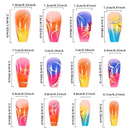 LOPMNGHT Colorful Gradient Press on Nails Medium Flower False Nails with Rhinestones Design Artificial Stick on Nails Full Cover Acrylic Coffin Nails Reusable Glue on Nails for Women Manicure Kit