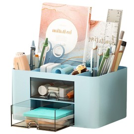 Dokeno Desk Organiser, Desk Organiser, Office Organiser, Versatile Desk Organiser with 5 Compartments, 2 Drawers, Dressing Table Organiser, Cosmetic Organiser for Office, Home, School (Blue)