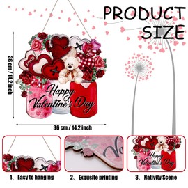 Happy Valentine's Day Sign Happy Valentine's Day Door Sign Wooden Farmhouse Home Sign Welcome Sign with Bear Heat Rose for Porch Farmhouse Happy Valentine's Day Front Door Outdoor Home Decor (a)