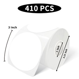 Yeachlaing 3 Inch White Round Thermal Sticker Labels, Self-Adhesive Circle Direct Thermal Labels, Multi-Purpose Roll Sticker Labels for DIY Logo Design, QR Code, Name Tag（ 410 Labels,1 Roll）