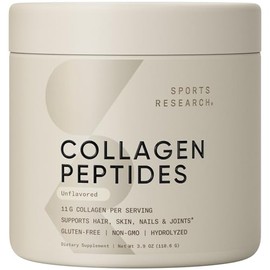 Sports Research® Collagen Peptides Protein Powder, 3.9oz (Unflavored) | 11g Grass-Fed Collagen, 10g Protein & 18 Amino Acids per Packet - Hair, Skin &
