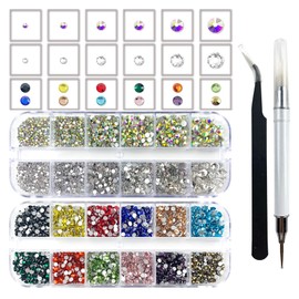 4860Pcs Flatback Rhinestones - Colorful Craft Rhinestones and Round Gems for Clothes Shoes Bags Decoration with Picker Pencil and Tweezer (White/AB+Multi Color)