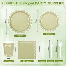 175 Pcs Sage Green and White Paper Plates and Napkins Set, Tableware Set Serve for 25 Guest Include Sage Scalloped Plates, Napkins and Plastic Clutry for Baby Shower, Wedding, Bridal Shower, Birthday
