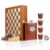 GENNISSY 9.4" Wooden Chess 8OZ Brown Leather Hip Flask Set