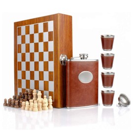 GENNISSY 9.4" Wooden Chess 8OZ Brown Leather Hip Flask Set - Stainless Steel Flasks with Funnel and 4 Cups Gift Box