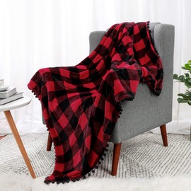 PiccoCasa Buffalo Plaid Flannel Throw Blanket with Pom Poms | Tartan Checkered Fleece Blanket Throw Size | Soft Plush Microfiber Blankets for Couch Sofa Travel | 50"x60", Fiery Red and Black