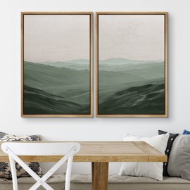 SIGNWIN Framed Canvas Print Wall Art Set Watercolor Green Mountain Valley View Nature Wilderness Illustrations Fine Art Farmhouse/Country Minimal for Living Room, Bedroom, Office - 24"x36"x2 Natural