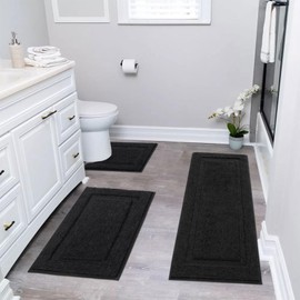 SHACOS Bathroom Runner Rugs Set of 3 Pieces Ultra Soft Bath Mats with U Shaped Toilet Rug Absorbent Non Slip Washable Microfiber Bath Rugs for Bathroom Kitchen Bedroom, Black