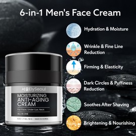 Korean 6 in 1 Face Cream for Men: Anti-Aging Skin Care Facial Moisturizer for Wrinkles Under Eye Bags Dark Circles Puffiness & Firming with Retinol Collagen Peptides Caffeine & Hyaluronic Acid, 1.7 oz