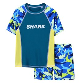 WYTbaby Boys Swimming Costume Two Piece Short Sleeve Kids Rash Guard with Board Shorts Boys Swimwear Sets 10 Years Green