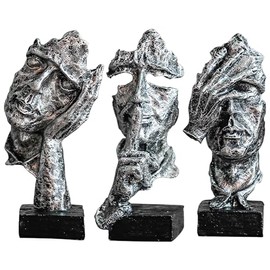 Estatua decorativa abstracta de pensador, no ve, no escucha, no habla, escultura de arte negro y plateado, acentos modernos para decoración del hogar