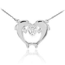 925 Sterling Silver CZ Heart Kissing Dolphins Pendant Necklace, 18"
