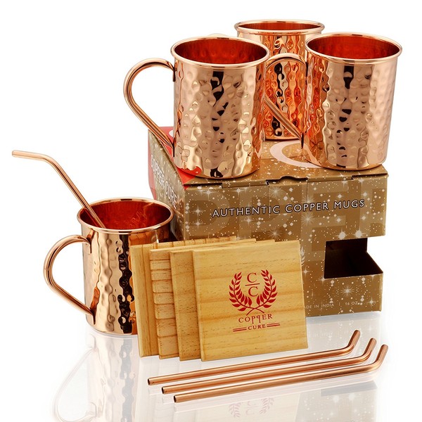 Gift Set Pure Copper Hammered Mugs with Copper Straws & Wooden Coasters Set of 4 - PREMIUM QUALITY -16 Oz Copper Mug - 100% Handcrafted - A Gift Pack for your loved Ones.