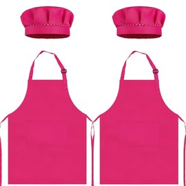 TOPWAYS Kids Apron and Chef Hat Set, kids Aprons for Cooking 2 Pack, Adjustable Toddle Kitchen Chef Apron, Kids Artist Painting Apron Bib with Two Pockets for Kids 3 4 5 6 years (2 x rose red, L)