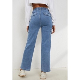 Metietila Women's High Waist Cargo Jeans Elastic Waist Baggy Straight Y2K Pants with Pockets Denim Blue XXL