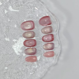 Cat Eye Press on Nails Handmade Short Oval/Square/Round False Nails with French Tip/Aurora/Magnetic Shimmer Designs (Group#Romance, Medium)