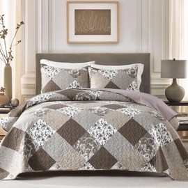 HIARUO Quilt Set Queen Size 3 Pieces Floral Patchwork Comforter Bedspread Boho Plaid Coverlet Reversible Lightweight Farmhouse Bedding with 2 Pillow Covers Shams for All Season, Brown