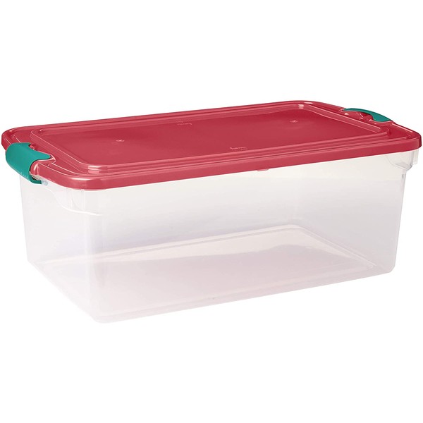 HOMZ 64 Quart Latching Bin Holiday Storage Container with Lid, 16.25" x 7" x 6.25", Clear/Red/Green
