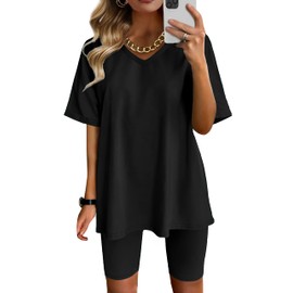 AGSEEM Two Piece Outfits For Women Summer Solid Color T-Shirt And Biker Shorts Set Black S