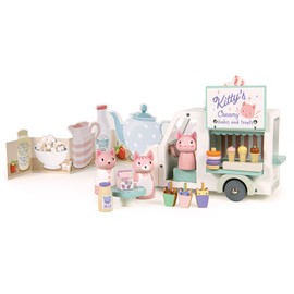 Tender Leaf Toys - Kitty’s Milkshake Van - Wood Pretend Play Food Truck on Wheels with Cats, Milkshakes, Ice Cream, Doughnuts and Accessories - Encourages Imaginative Play and Storytelling - Age 3+